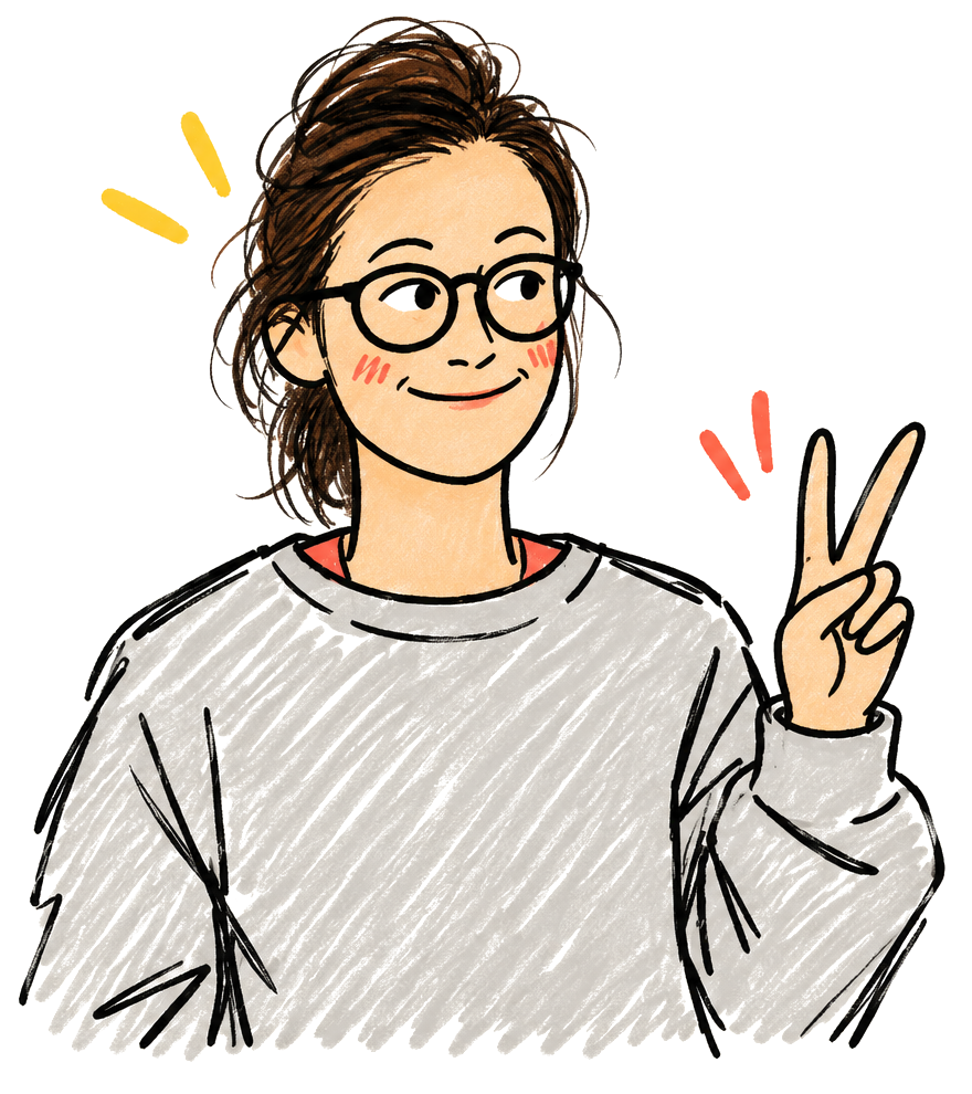 Hand-drawn illustration of Gemma waving a peace sign